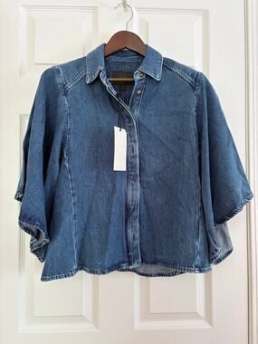Zara Denim Puff Sleeve Button Front Shirt Jacket Overshirt Blue Large NWT